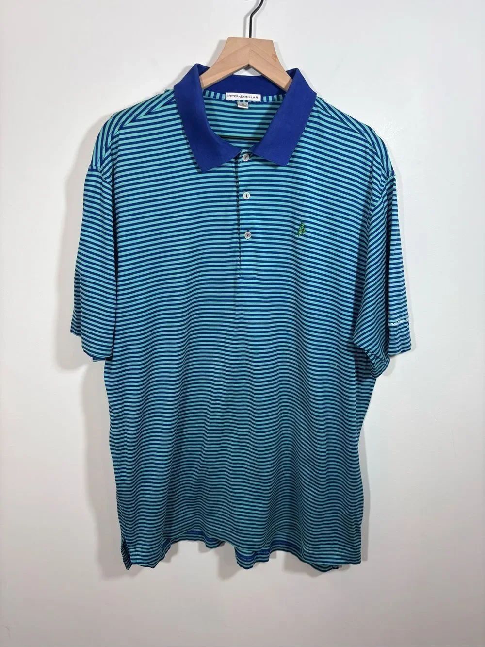 Peter Millar Men’s Golf Polo Blue Stripe Cotton Shirt XL Gold Course